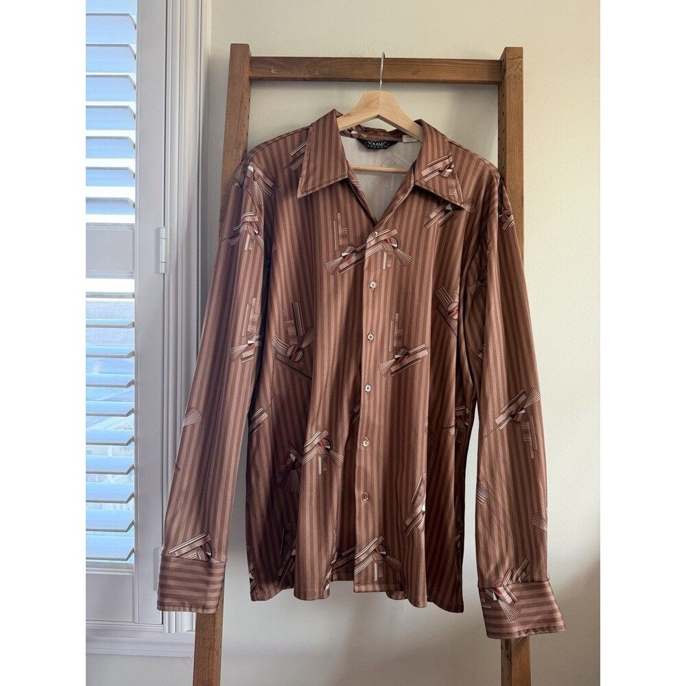 Vintage 1970s FAME Shirtmakers Disco Polyester Button Up Geometric Brown XL